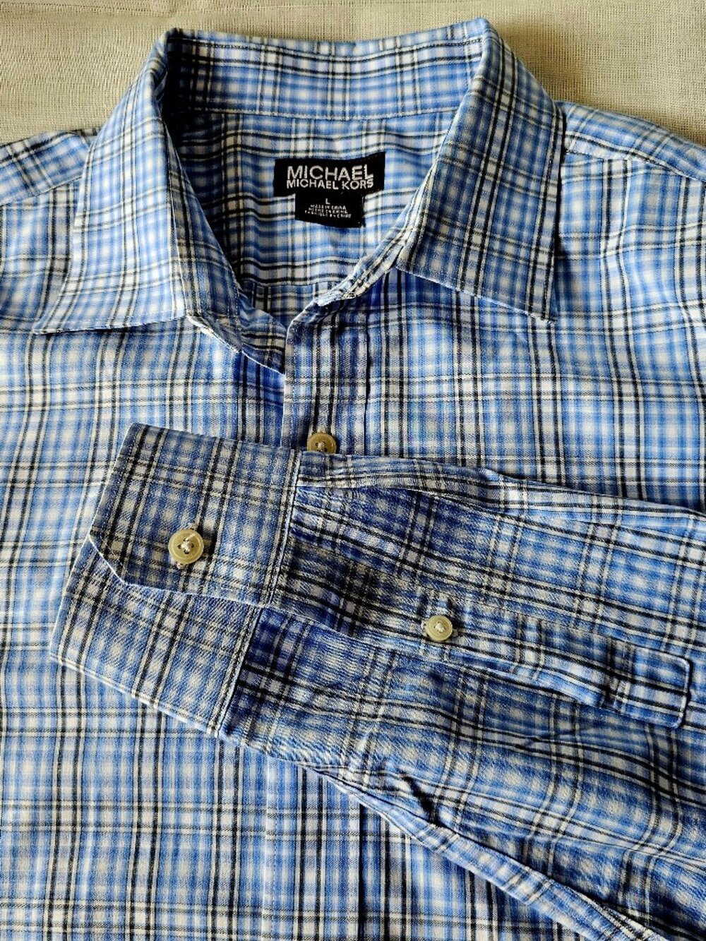 Michael Kors Men's shirt (L) plaid blue & white button up casual long sleeves